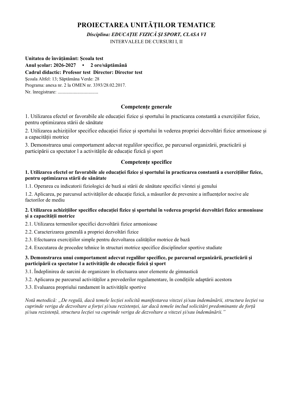 Proiectarea unităților tematice modulele I-II — clasa VI — pagina 1